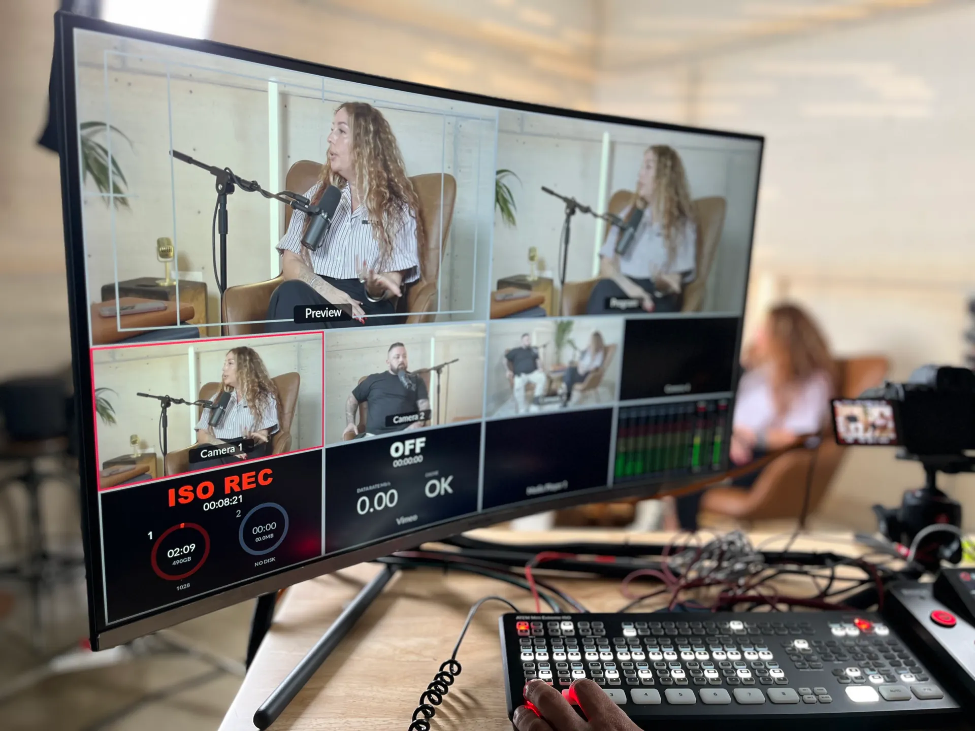 Professional video podcast studio setup with lighting and multi-camera rig in Miami